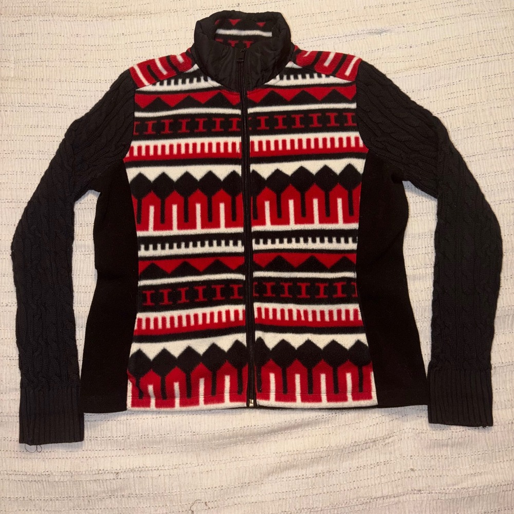 Lauren Active Ralph Lauren Fleece Fair Isle Jacket Cable Knit Red Black L